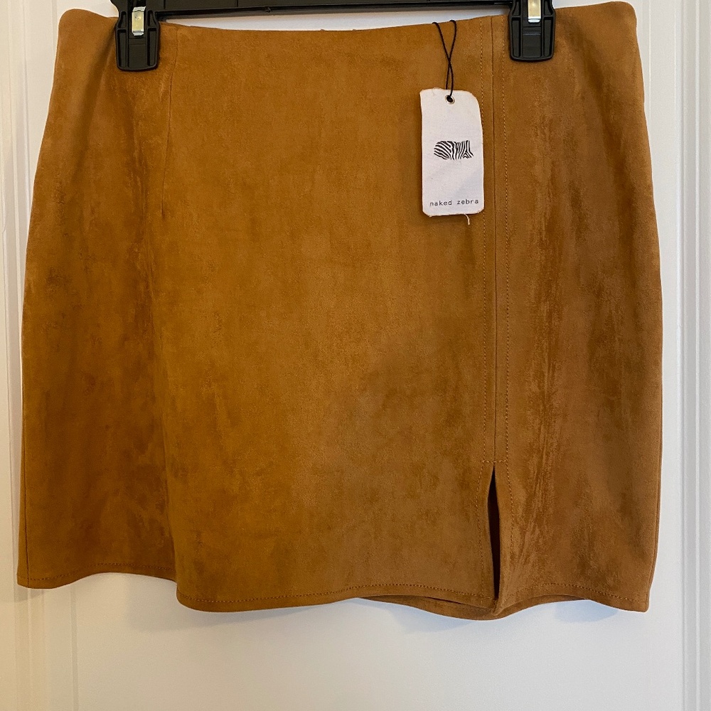 Naked Zebra Skirt Size Med Faux Suede Camel mini slit Festival Boho Country